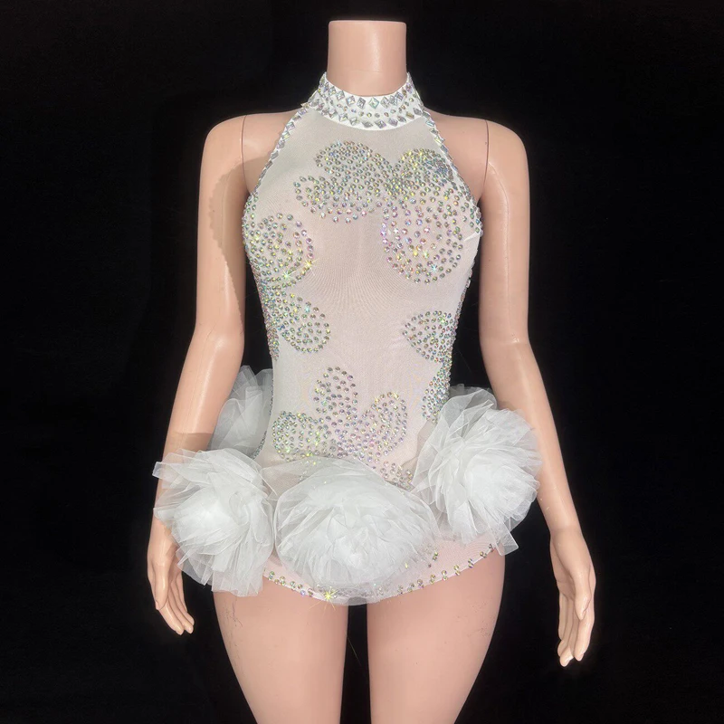 White Lace Rhinestones Bodysuit Sexy Pole Dance Clothing Nightclub Bar Gogo Dancer Outfit Stage Performance Costume XS11964