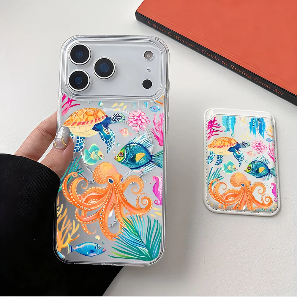 For Magsafe Wallet Magnetic Card Holder Phone Case For iPhone 17 16 13 15 12 14 Pro Max Plus Air 16E INS Marine Animals  Cover - view 4