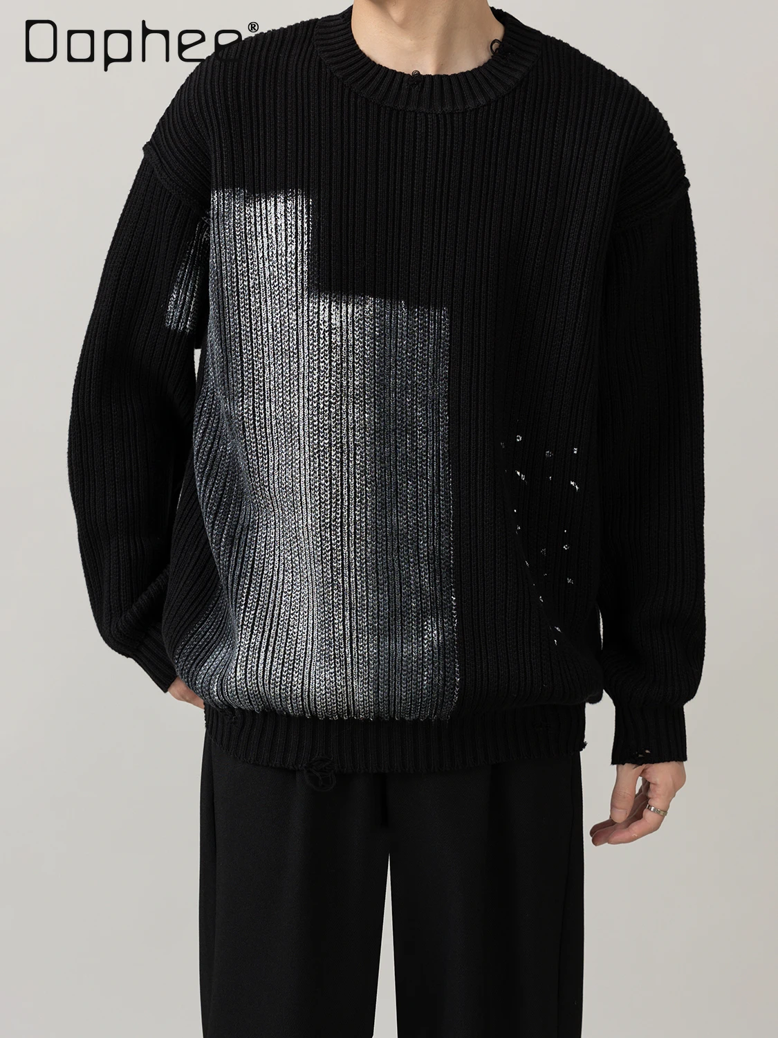 

2025 Autumn Winter New Korean Style Men's Round Neck Design Sweater Loose Casual Black White Color Block Pullover Knitwear