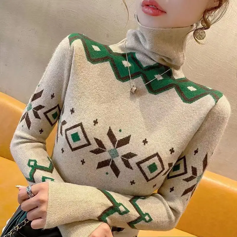 Donne coreano moda geometrica Jacquard collo alto maglioni lavorati a maglia di base autunno inverno elegante manica lunga Slim Pullover top