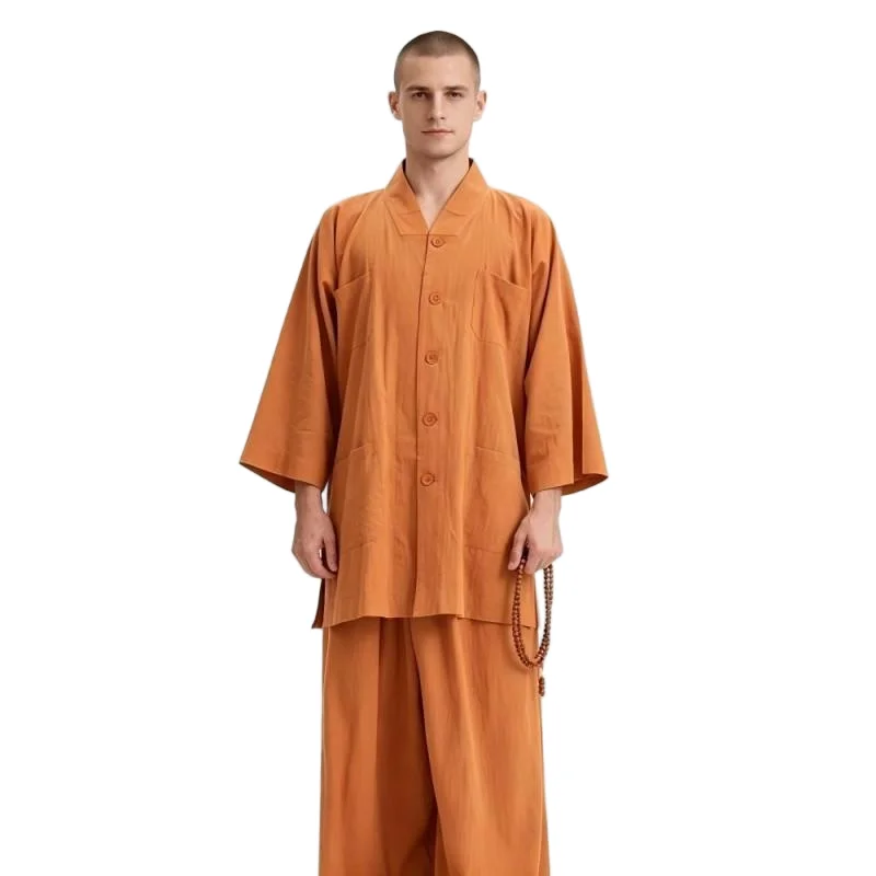 Men Buddhist Monk Haiqing Suit 3/4 Sleeve Jacket & Wide Pants Set Breathable Zen Meditation Uniform for Temple Daily Practice