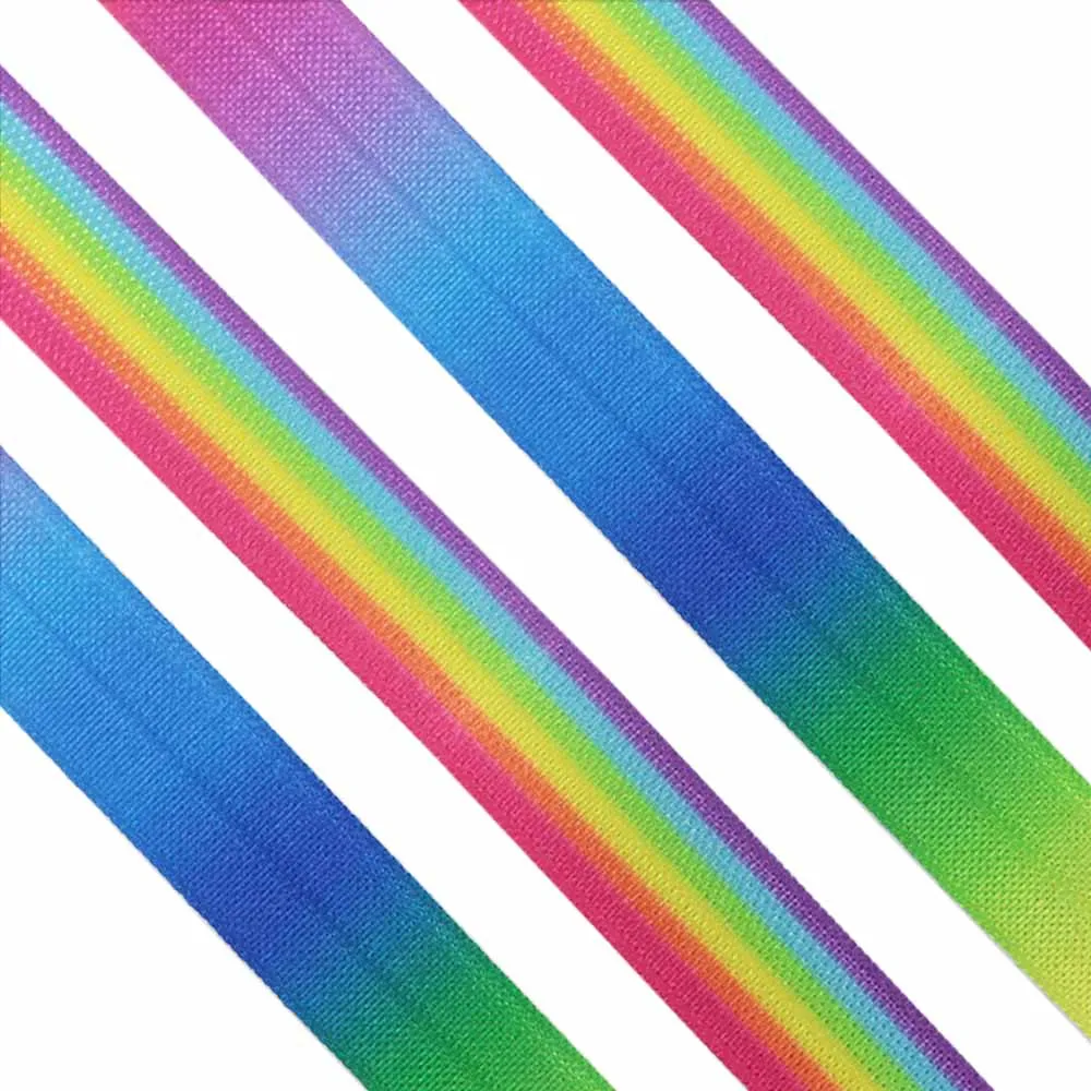 

5/8'' 15mm Heat Transfer Gradient Rainbow Printed Fold Over Elastic FOE Ribbon For Hair Tie DIY Headwear Hair Accessory