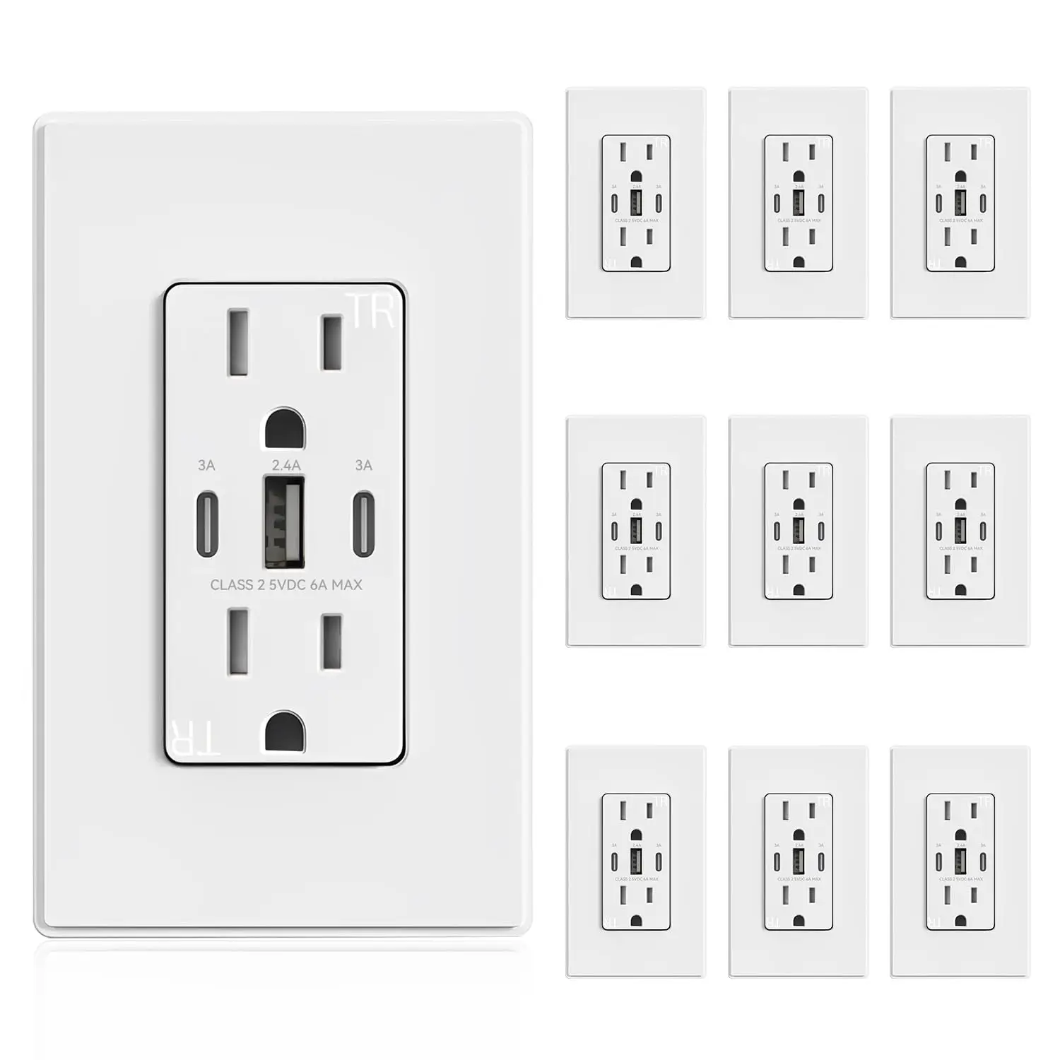 USB Outlets 30W 6.0 Amp USB C Outlets Receptacles, 3-Port USB Wall Outlet, 15 Amp Tamper-Resistant Outlet, 10 Pack