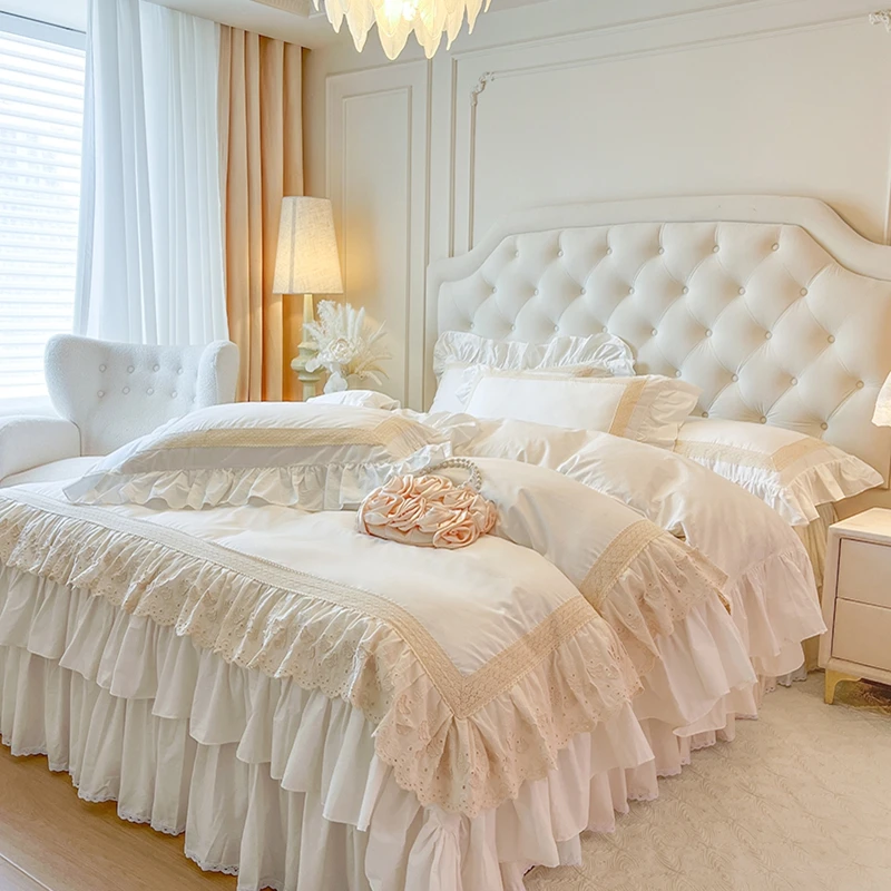 French Romantic Sweet Princess Style 100% Cotton Bed skirt 4Pcs Pink White Tiered Ruffle Cake-Skirt Duvet Cover Set Pillowcase