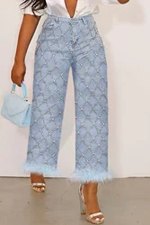 Fashion Women'S Plus Size Daily Jean Light Blue Denim High Waist Drilling Straight Leg Feather Jean Denim Ankle-Length Pant