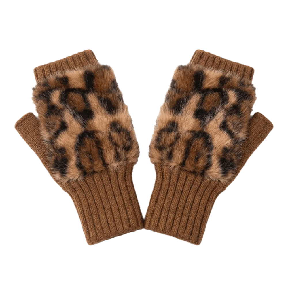 New Warm Fingerless Gloves Soft Plush Knit Half-Finger Gloves Faux Fur Short Style Leopard Print Gloves Winter