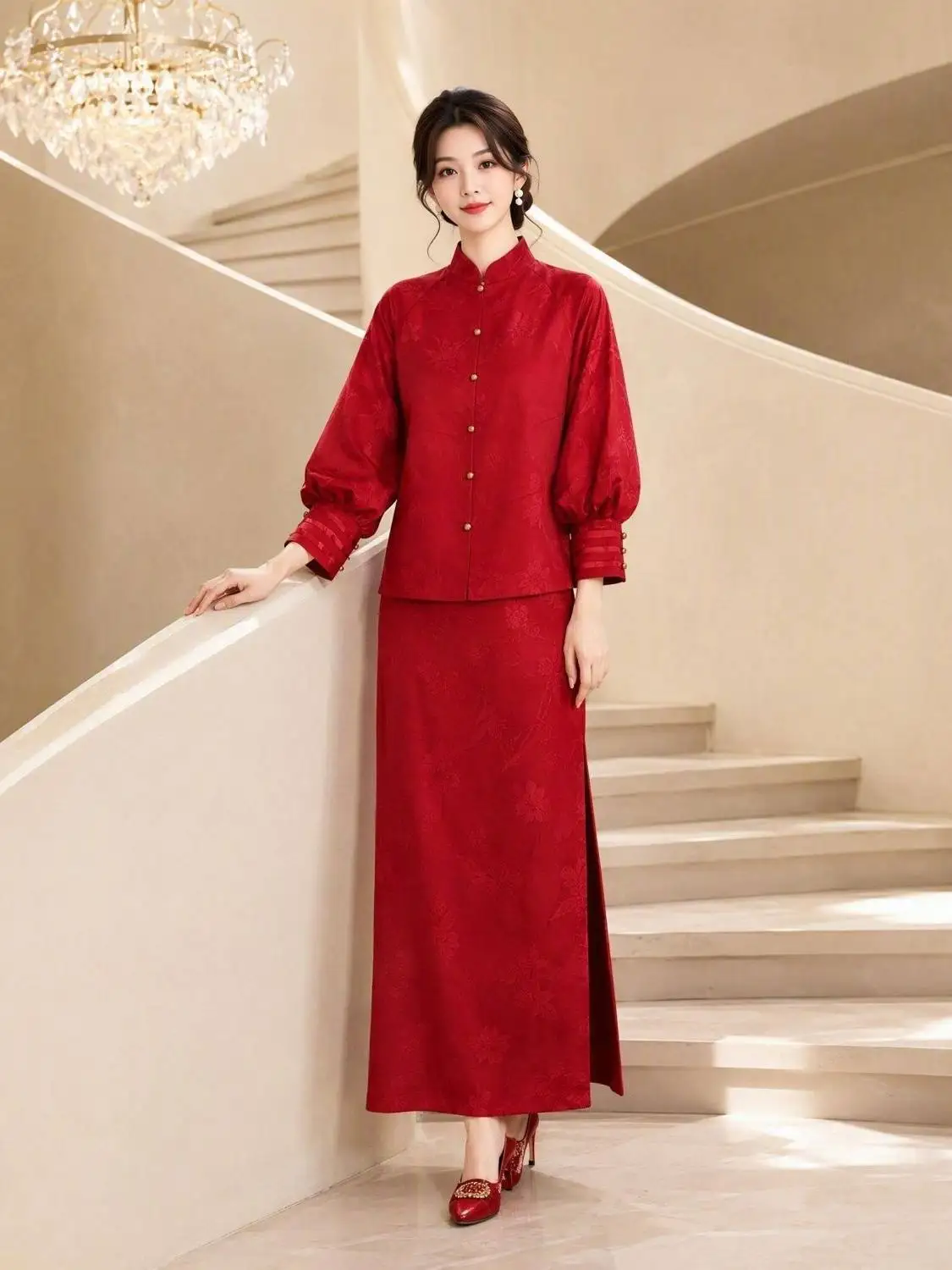 Elegant Red Chinese Style Two-Piece Set with Stand Collar Lantern Long Sleeve Top And High Waist Long Skirt for Women