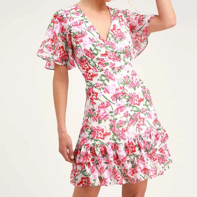 

2024 Aesthetic Women Fashion V Neck Summer Dress Vintage Short Sleeve Floral Printed Ruffles A-Line Dresses Cottagecore Vistidos