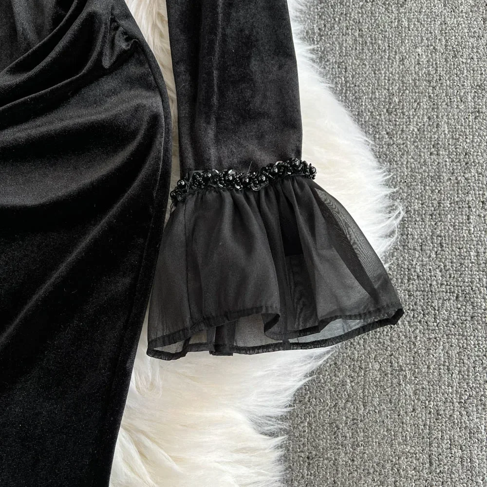 Women Elegant Long Sleeves Vintage Stand Collar Chic Bow Rhinestone Slim Ruffle Dress Evening High Street Autumn Winter Clothing