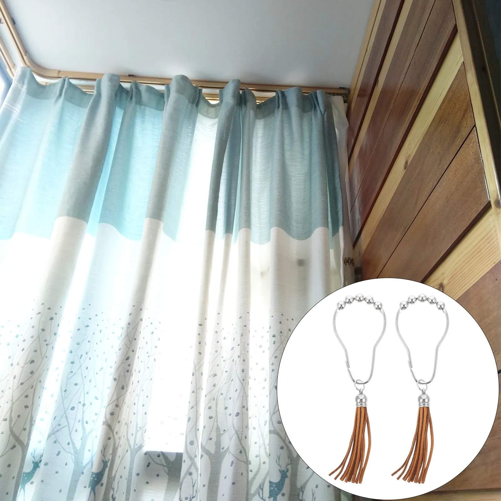 12Pcs Tassel Bead Curtain Hooks Bathroom Shower Curtain Hangers Decorative Modern Home Decor Space Saving Stylish Hanging