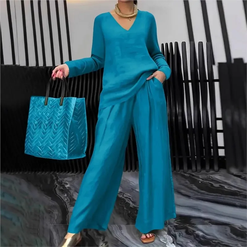 

2026 Spring New Elegant 2 Piece Set Women V Neck Long Sleeve Top Wide Leg Pants Matching Set Autumn Casual Office Ladies Outfit
