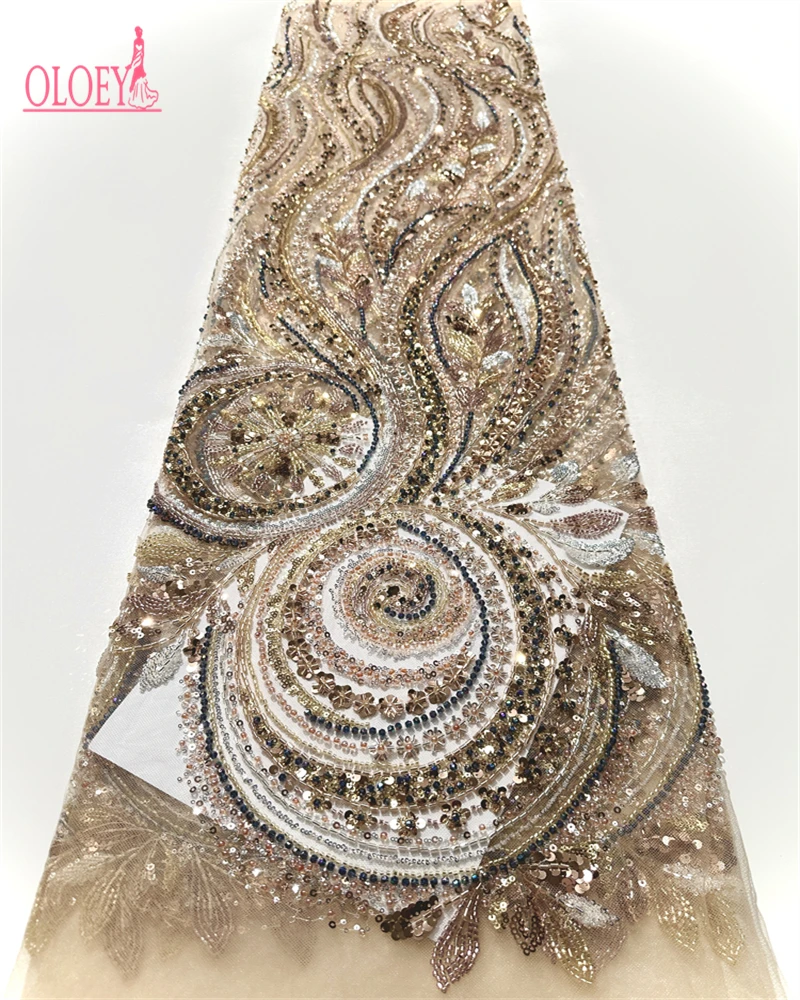 

OLOEY африканское кружево из тюля с бисером, тяжелая швейцарская ткань ручной работы с блестками для шитья нигерийского свадебного платья для выпускного вечера, высокое качество