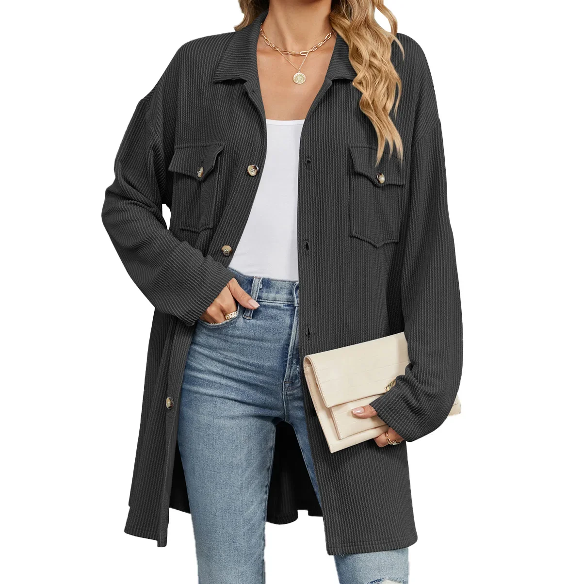 Autumn and winter solid color lapel button pocket long sleeve loose casual coat women