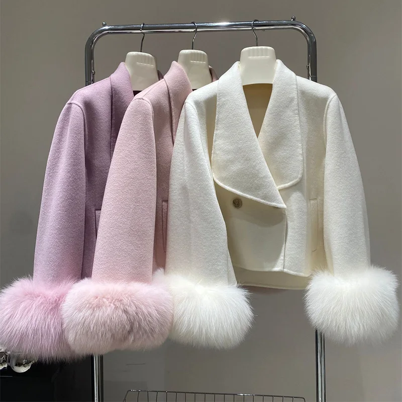 New Double-sided Wool Coat Women Short Loose Fox Fur Cuff Slim Warm Lapel Long Sleeve Soft Fur Coats Female Fit Autumn Winter