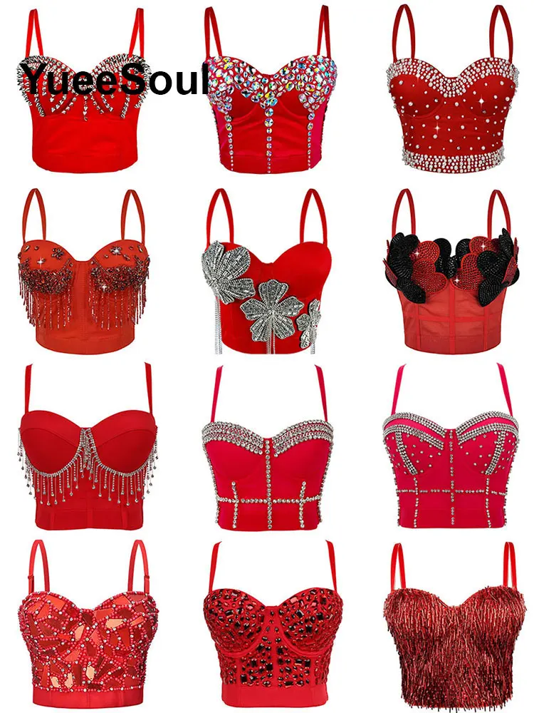 Nowe czerwone crop topy z cekinami i diamentami, seksowny gorset, letnie topy Y2K na imprezę, do klubu, na plażę, codzienne topy na ramiączkach w stylu high street, odzież damska 2026 — zdjęcie 2