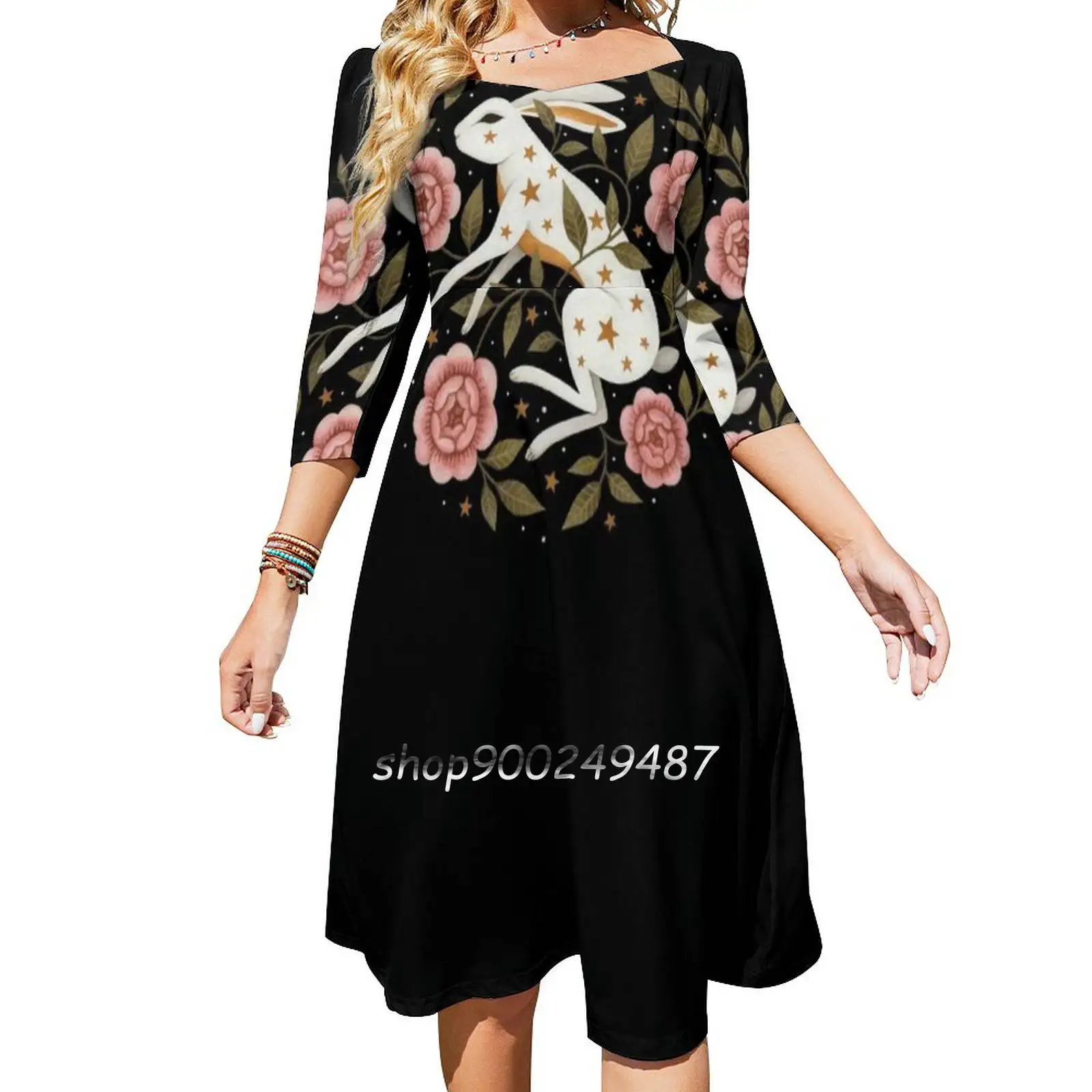 Entangled Square Neck Dress Sweet Summer Dress Women Elegant Halter Print Dress Gouache Rabbit Bunny Hare Animals Animal Wild