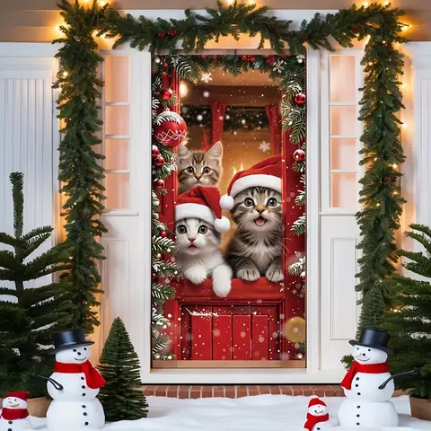 Una pancarta temática navideña con diseños de muñecos de nieve y gatos es la elección perfecta para la decoración de ingreso
