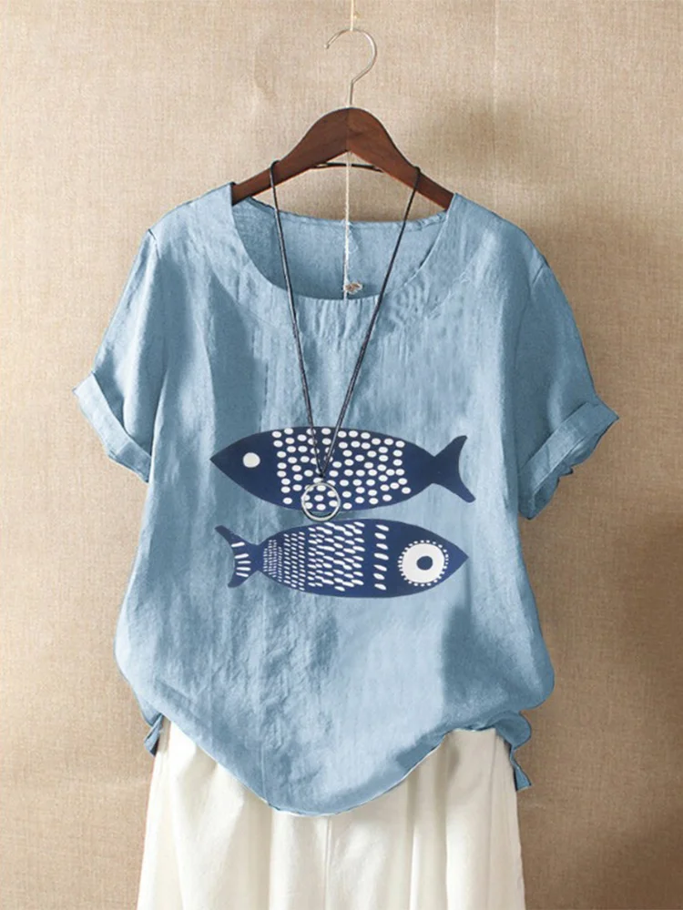 

Loose Cotton Linen Short Sleeve T-Shirt Women's Printed round Neck Top Age-Defying Korean Japanese Style Casual Shirt