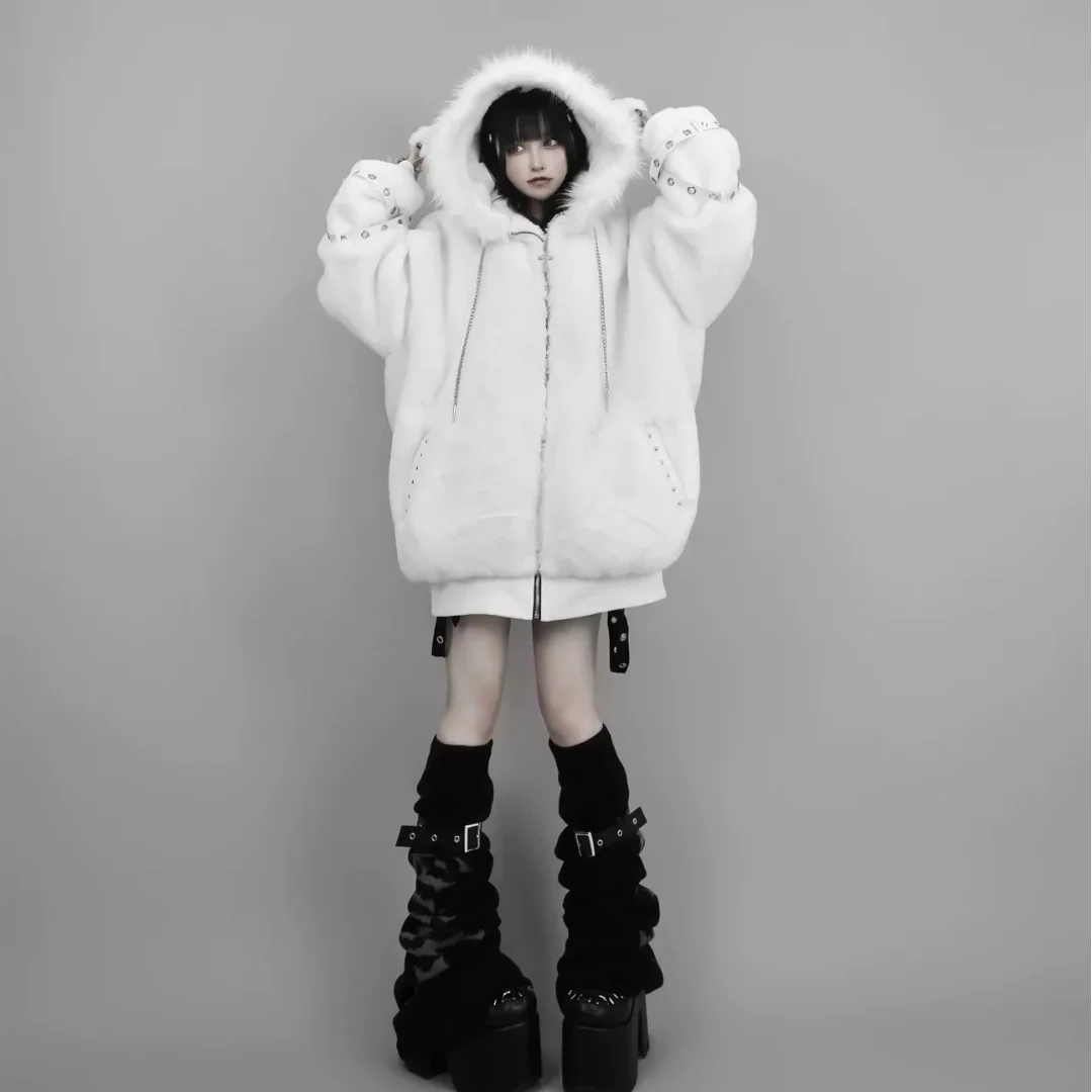 Subculture Harajuku Sweet Cool Faux Fur Coat Girls Women's Autumn and Winter Japanese Punk Y2k Ears Cute Plush Coat Jackets