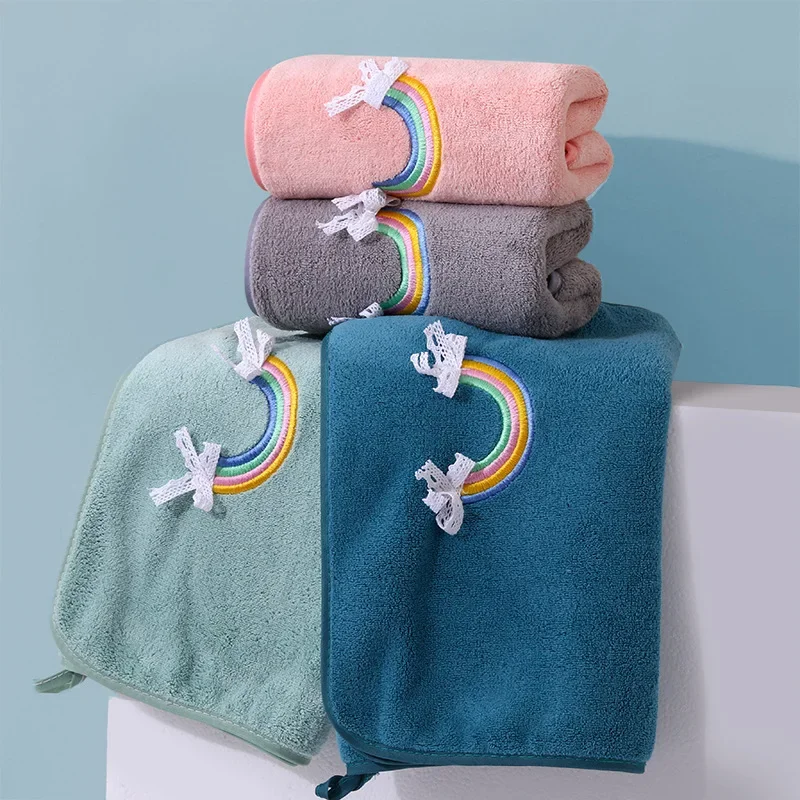 Fast drying coral velvet towel, rainbow embroidery hand towel, thick baby shower bath towel, Christmas gift items view 3
