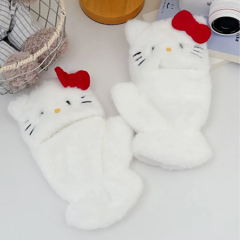 

Hello Kitty Gloves Girl Cute Anime Flip Cat Bow Cartoon Student Supplies Portable Fingerless Warm Decoration Doll Gift Wholesale