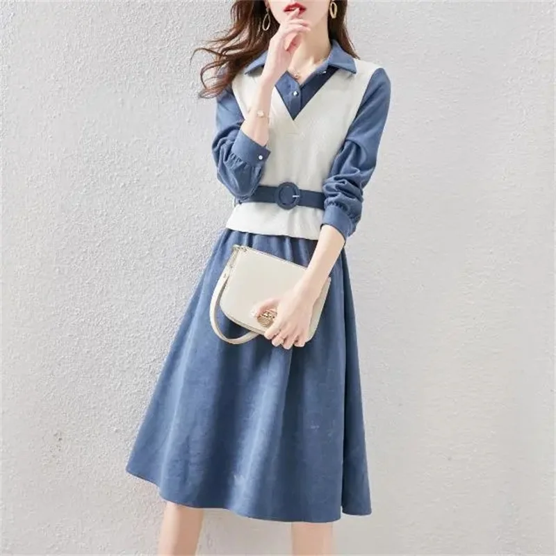 Temperament Long Sleeve Dress For Women 2025 New Spring Autumn Trendy Belt Dresses Office Ladies Elegant Fake Two-piece Vestidos