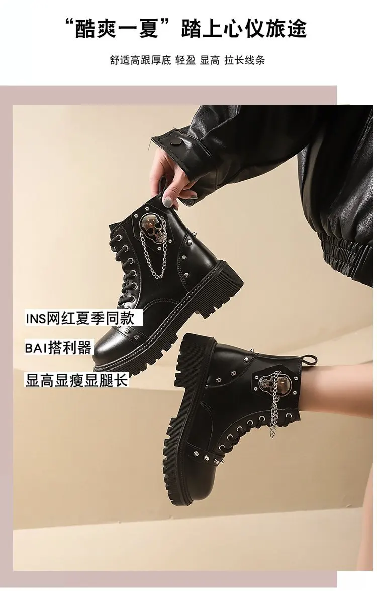 Frauen Punk Stiefeletten Plattform Schnalle Design Damen Stiefel Schnüren Blockabsatz Schuhe Metall Dekoration Casual Outdoor Stiefel 42 – Detail 5