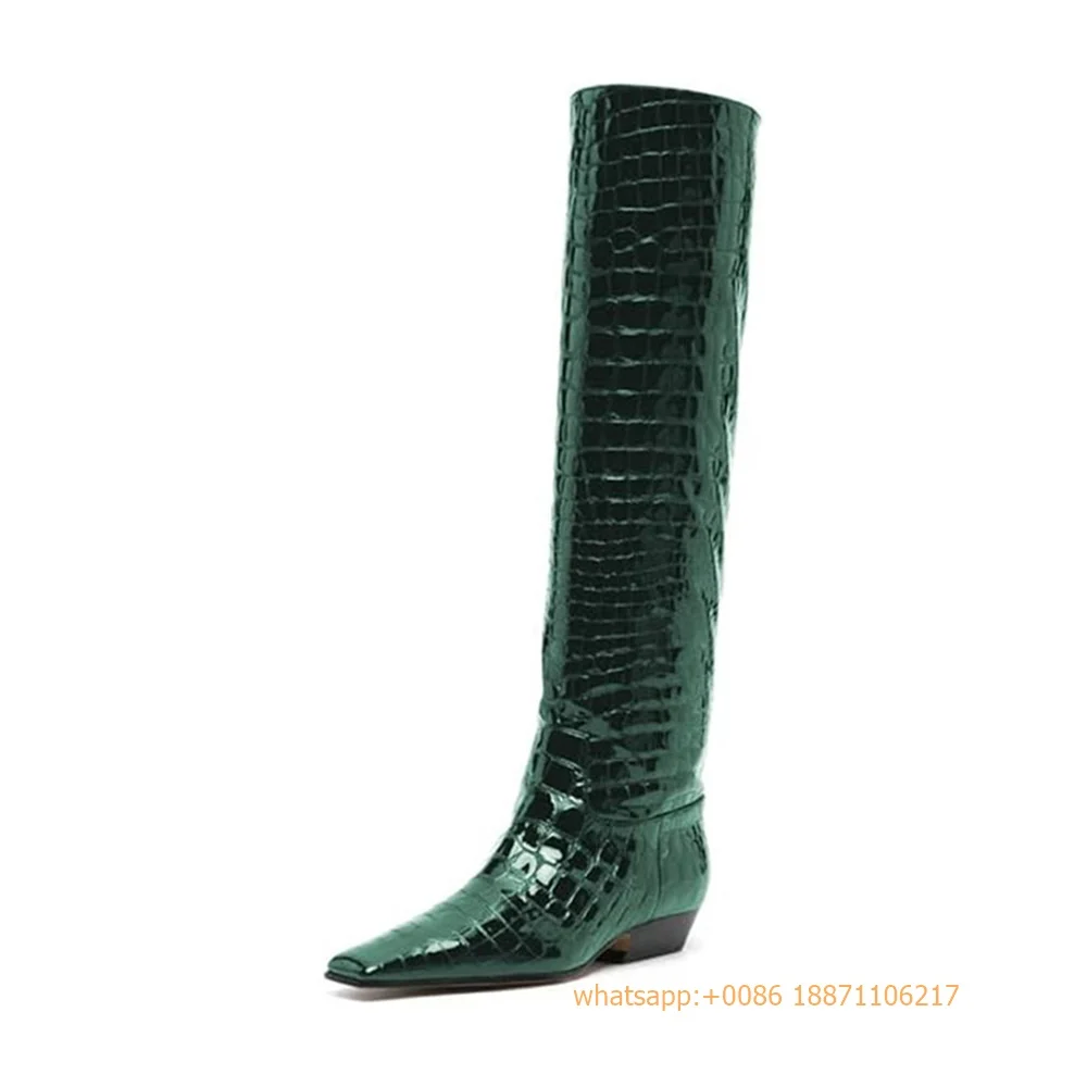 Crocodile Pattern Genuine Leather Ladies Boots 2024 New Pointed Sexy Thick Heel Knight Boot Party Knee-High Catwalk Model Boots