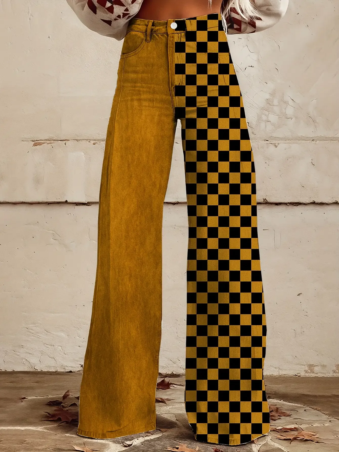  Casual jeans with colorful western prints, loose wide leg design, and fun printed women's pants.