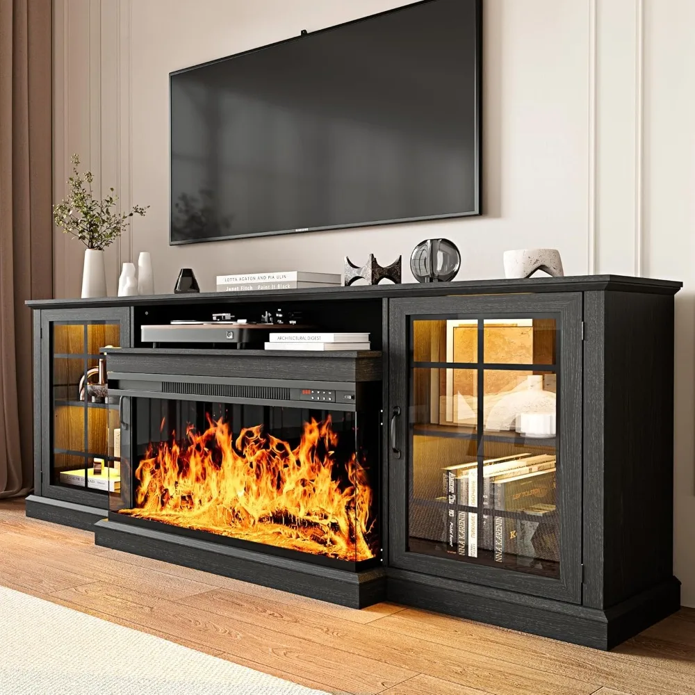 Supporto TV con caminetto da 80'', centro di intrattenimento in fattoria con supporto TV in vetro a 3 lati, tavolo consolle multimediale moderno con contenitore