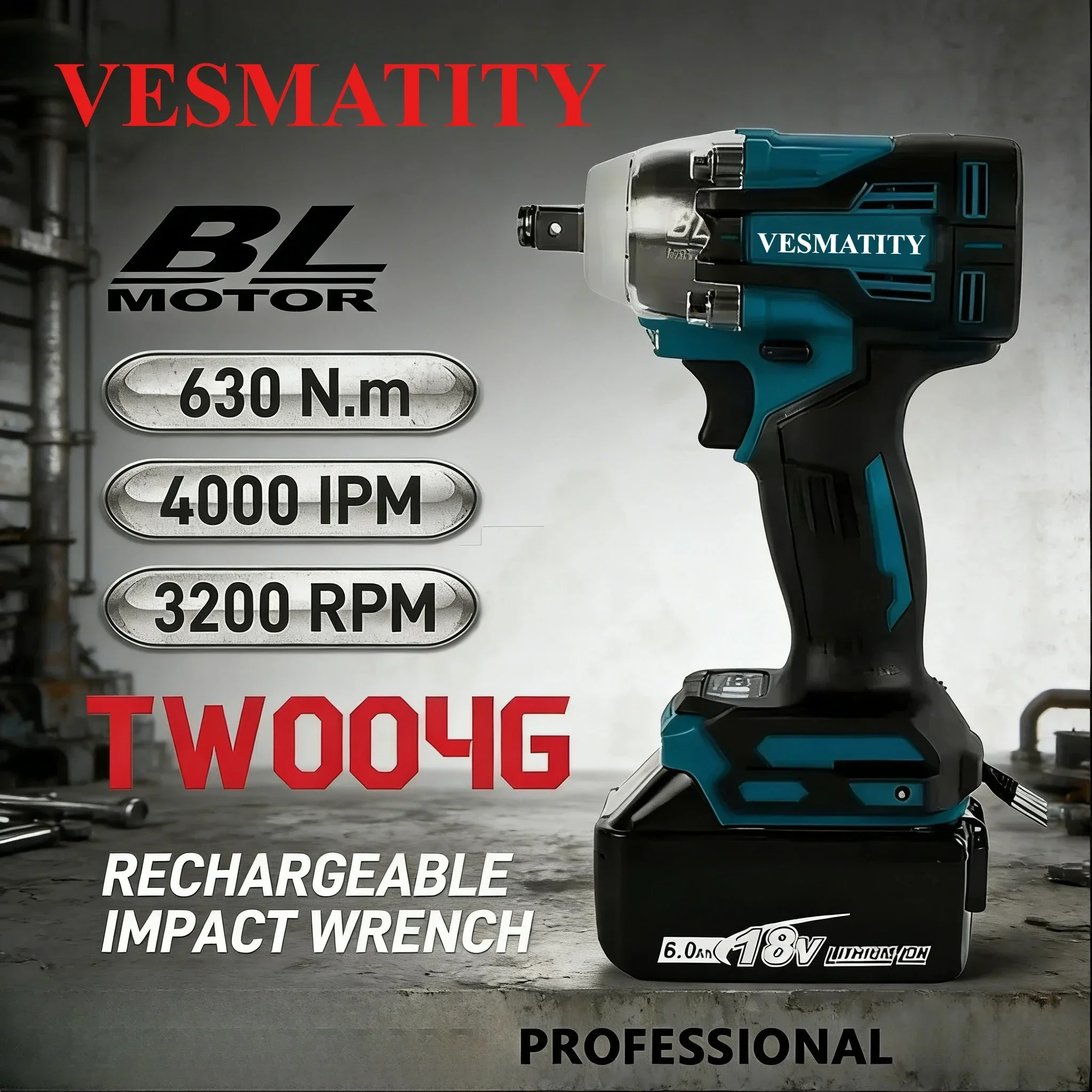 TW004G 630N.m Cordless Impact Wrench Rechargeable Electric Wrench Screwdriver Machine Drill Driver High Torque Power Tool