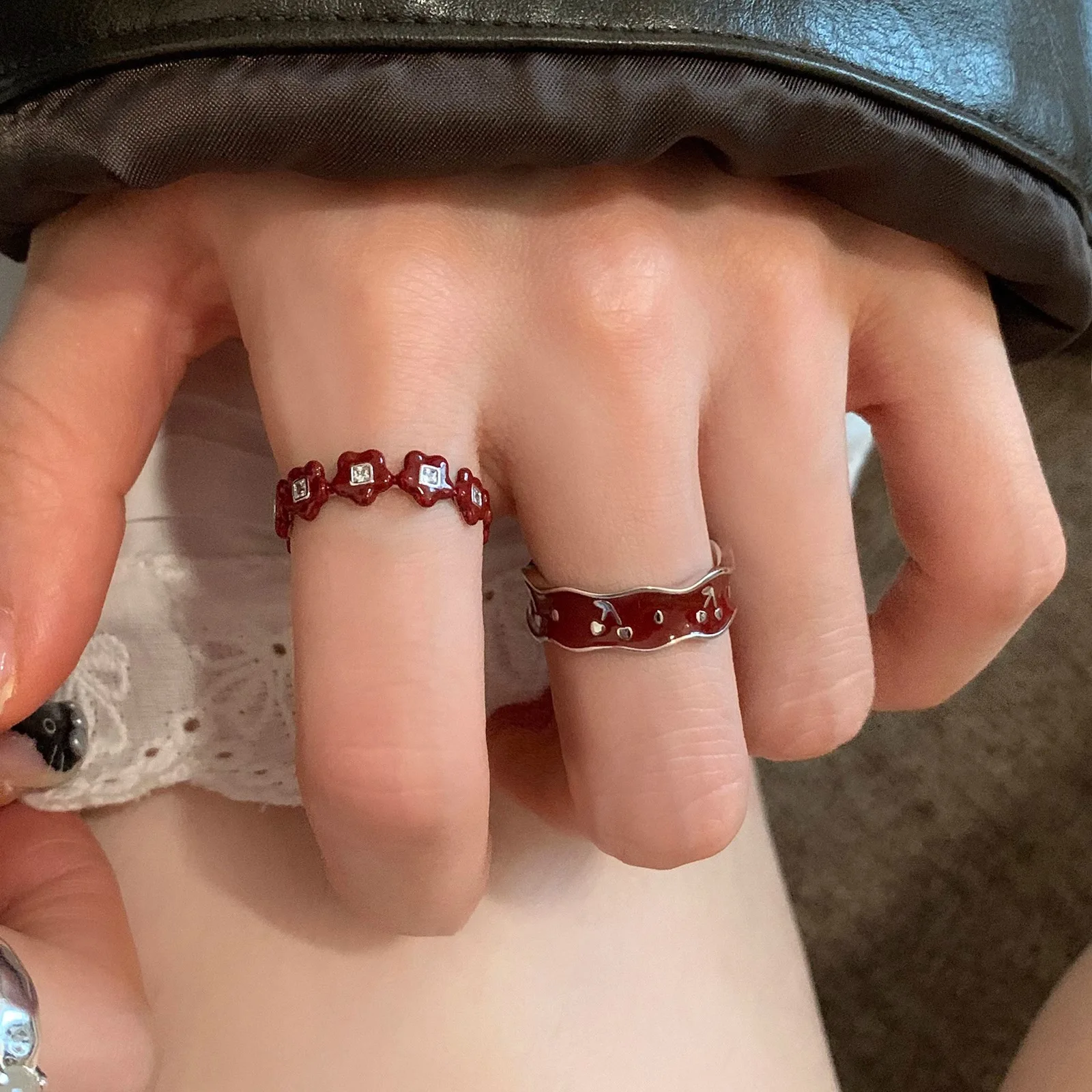

925 Sterling Silver Open Finger Ring Gold Color Red Flower Cherry Stackable Punk For Women Jewelry Gift Dropship Wholesale