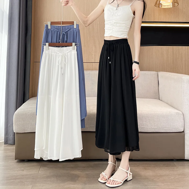 

Женские брюки-кюлоты с эластичным широким поясом, асимметричным подолом, однотонные, летние, повседневные, свободные, плиссированные, имитация двух частей: юбка и брюки