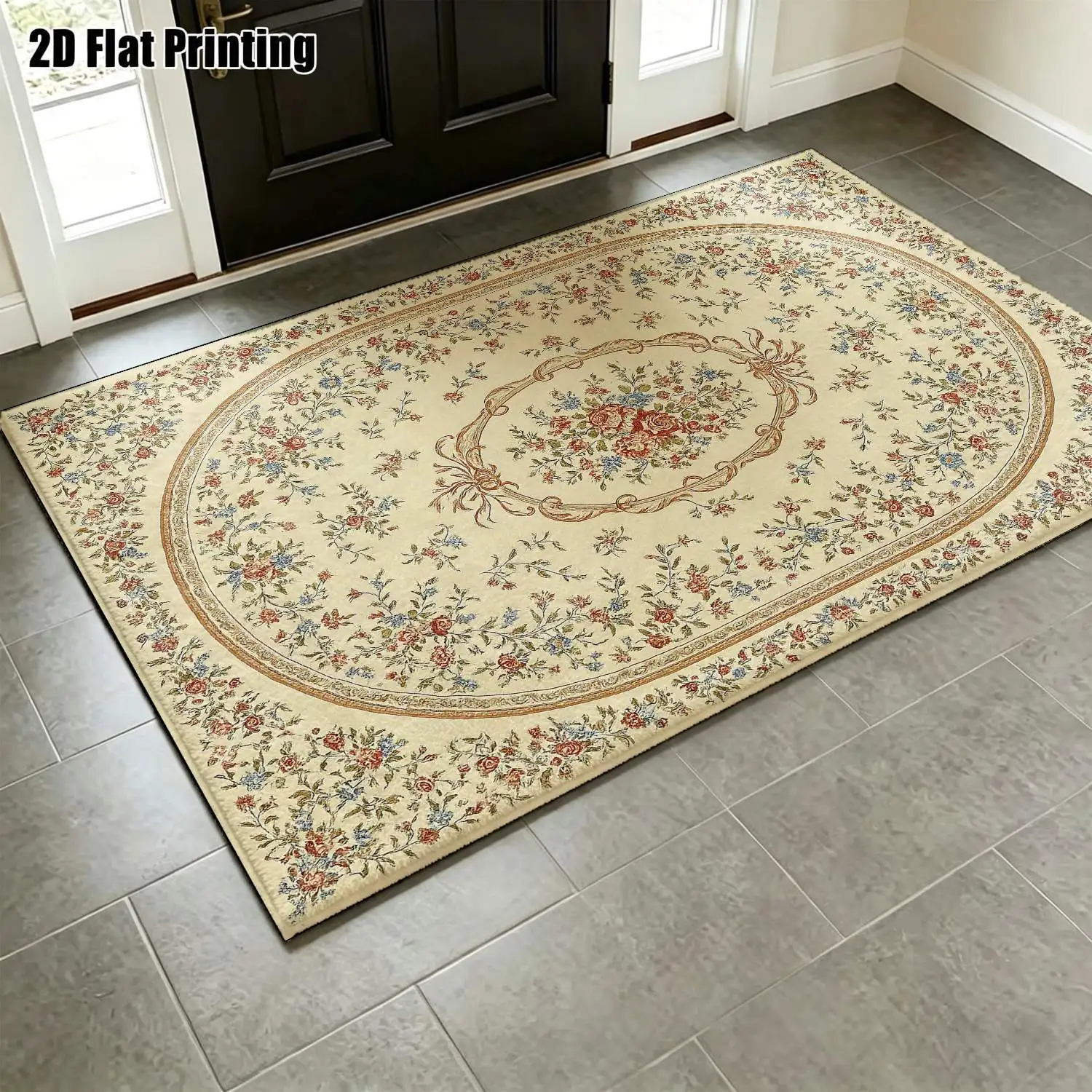 1Pc 2D Printed Carpet: Beige Base, Pink-Blue Floral Pattern European-Style, Vintage/Minimalist Designs, Geometric Floral Patterns. Home Decor, Multi-Size, Machine Washable, for Living Room, Bedroom, Dining Room, Entryway, Study.