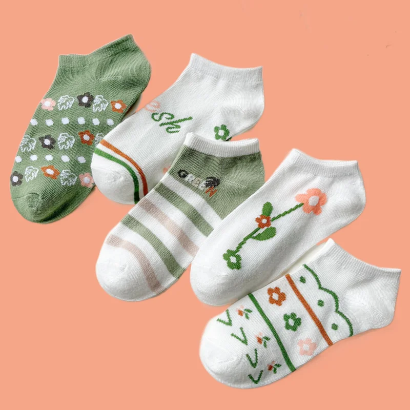 

2024 Fashiion 5/10 Pairs Women's Socks Boat Socks Cotton Four Seasons Low Cut Boat Socks Flower Style Short Socks Girls Socks