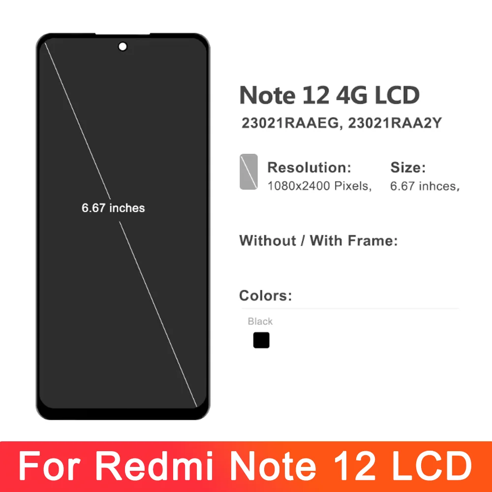 AMOLED For Xiaomi Redmi Note 12 4G Lcd Display Touch Screen Digitizer with Frame for Redmi Note 12 4G 23021RAAEG Screen