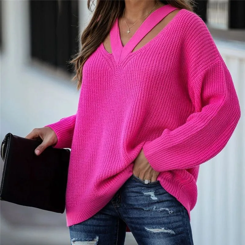 

Knitted Sweater Loose Temperament Commute Women V-neck Fashion Solid Pullover Autumn Winter Simple Oversize Women's Clothing