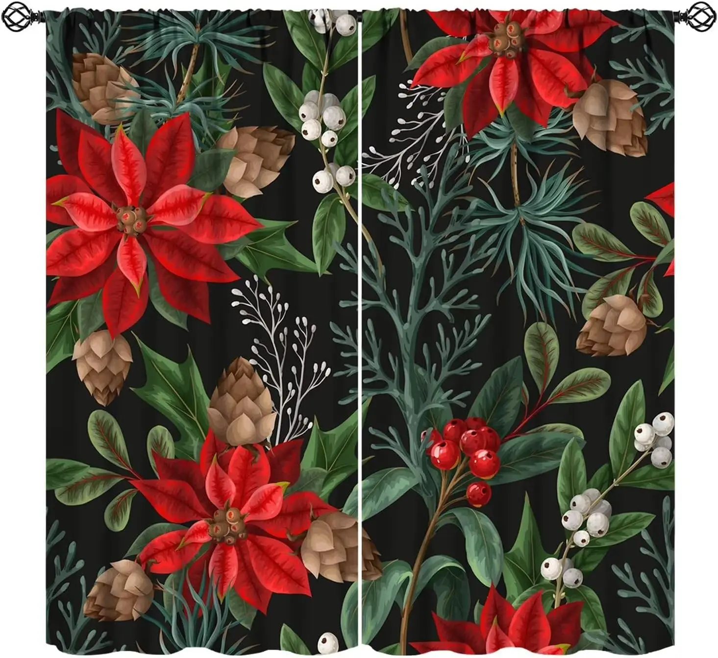 Christmas Poinsettia Flower Blackout Curtains Vintage Rustic Plant Winter Red Floral Green Leaf for Girls Women Bedroom Living