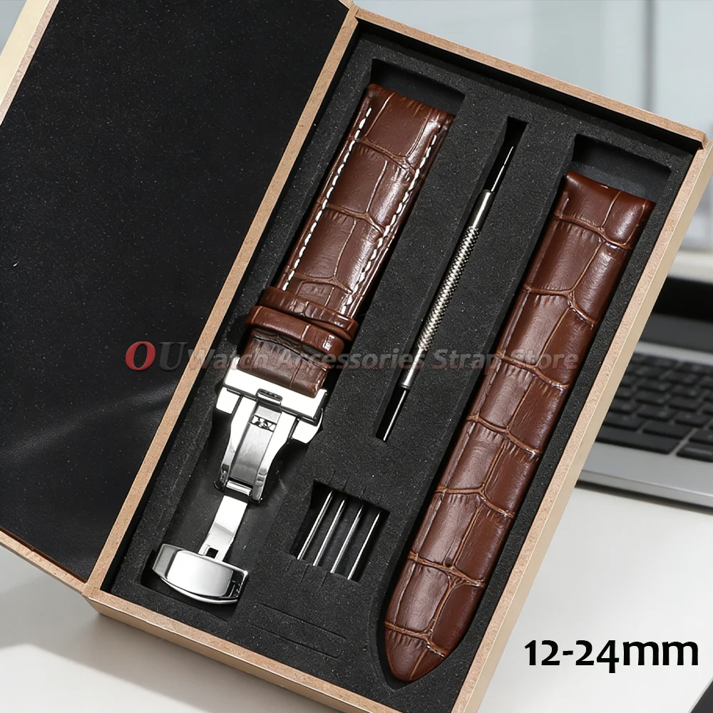 12/13/14/15/16/17/18/19/20/22/24mm Leather Watch Band for Tissot for Seiko Alligator Grain Butterfly Clasp Watch Straps With Box