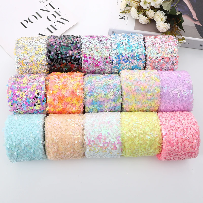 80mm 5yards Glitter Sequin Ribbon for Craft Color Change Tape for Needlework DIY Hair Bows Shoe Apparel Sewing Material