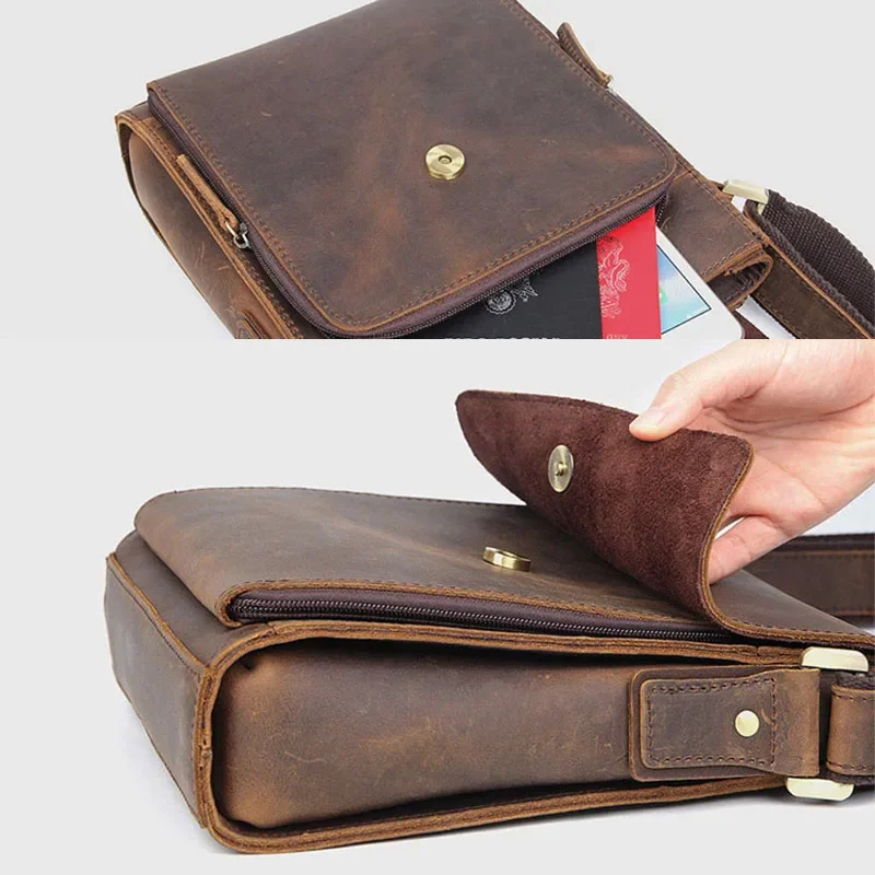 Vintage Flap Crazy Horse Leather Messenger Bag for Men Genuine Leather Crossbody Bag High Quality Travel Handbag Totes for Phone