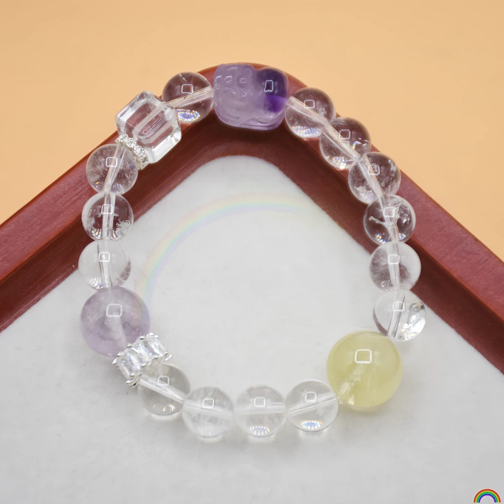 

Natural white crystal bracelet with purple yellow crystal transfer beads paired with purple Pixiu Duobao bracelet Rwbuy