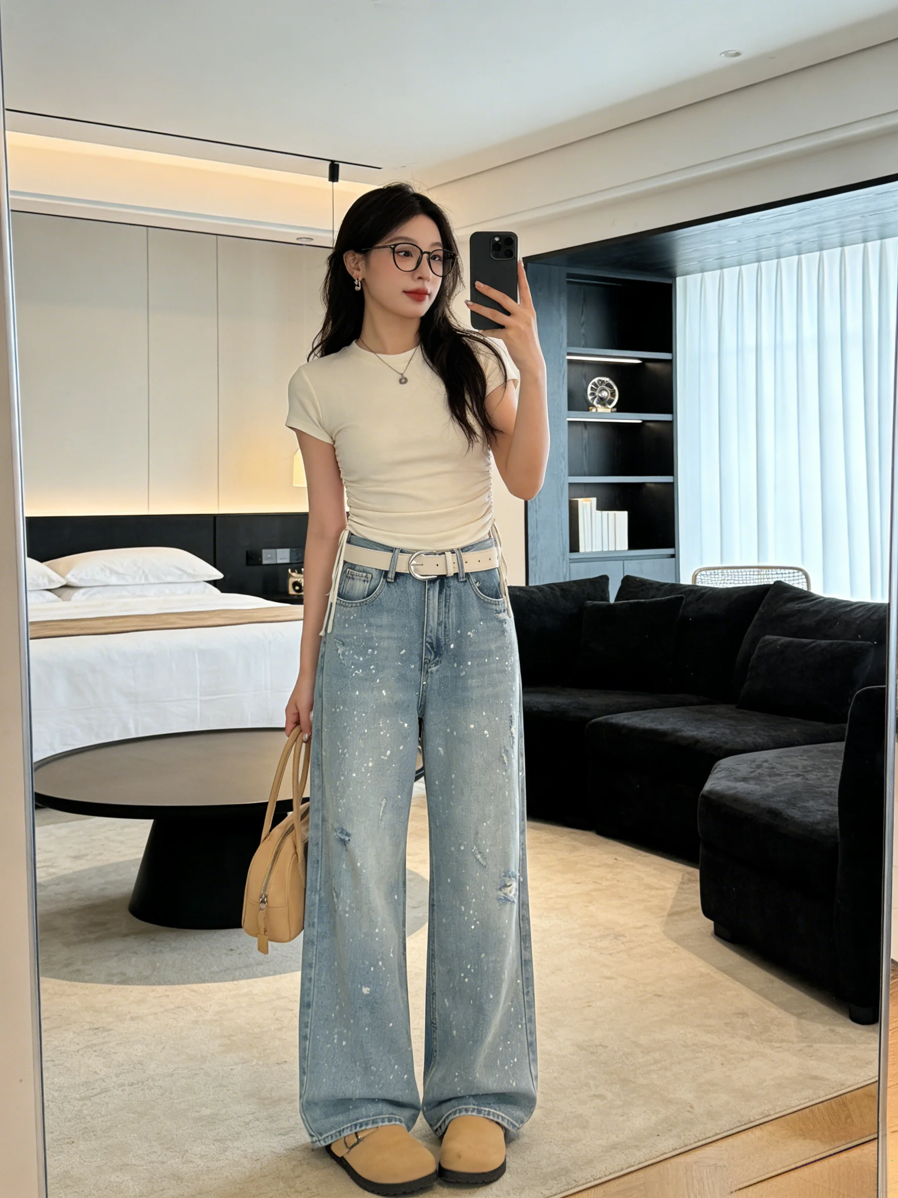 

Korean Style High Waist Wide Leg Denim Jeans Silver Washed Heavy Duty Hole Design Floor Length Slimming Effect Casual Pants