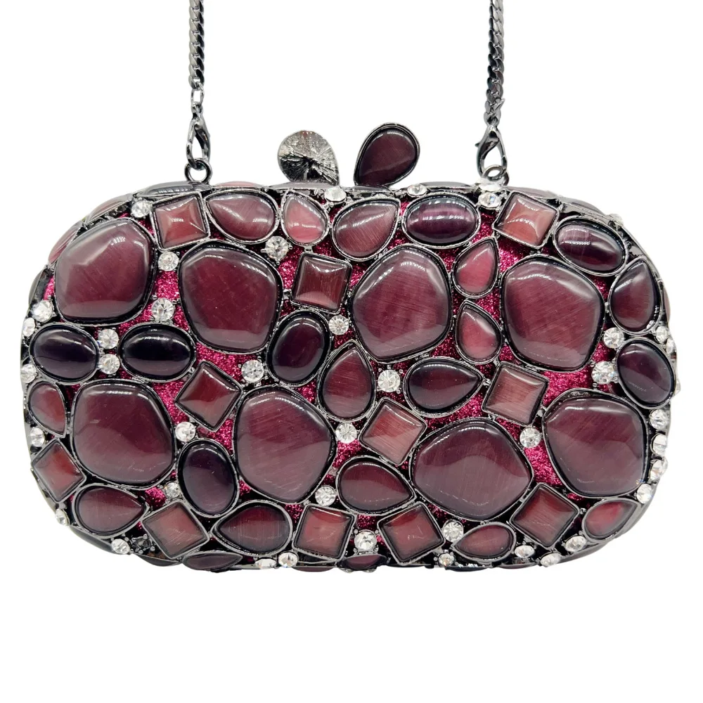 

Pink Cat's Eye Stone Dinner Bag Empty Metal Diamond Banquet Clutch Bag Ladies Bag