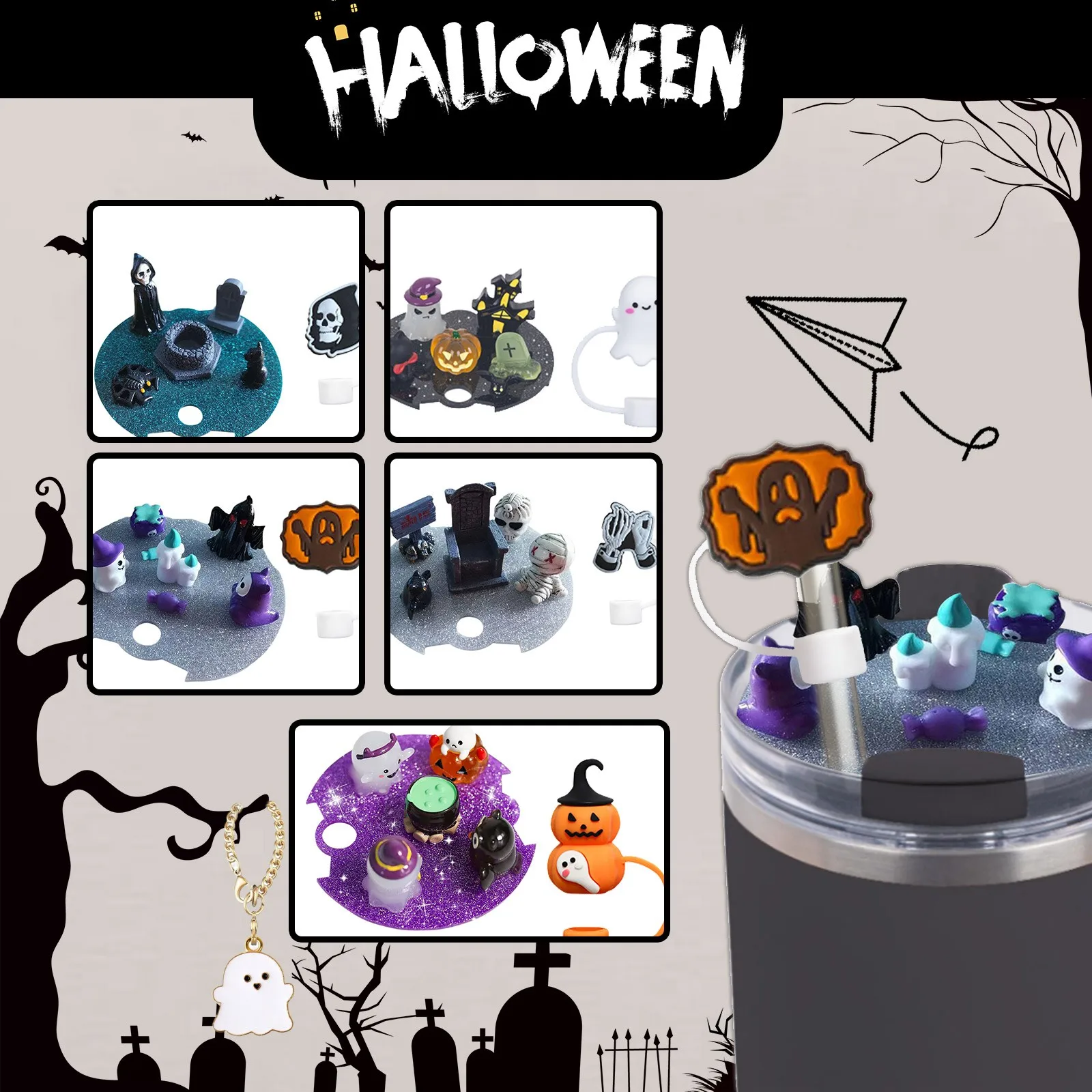 Halloween 40oz Cup Lid Tag Topper Micro Landscape Charm 10mm Silicone Straw Cover Trending Diy Accessory Spooky Stanle Tumbler