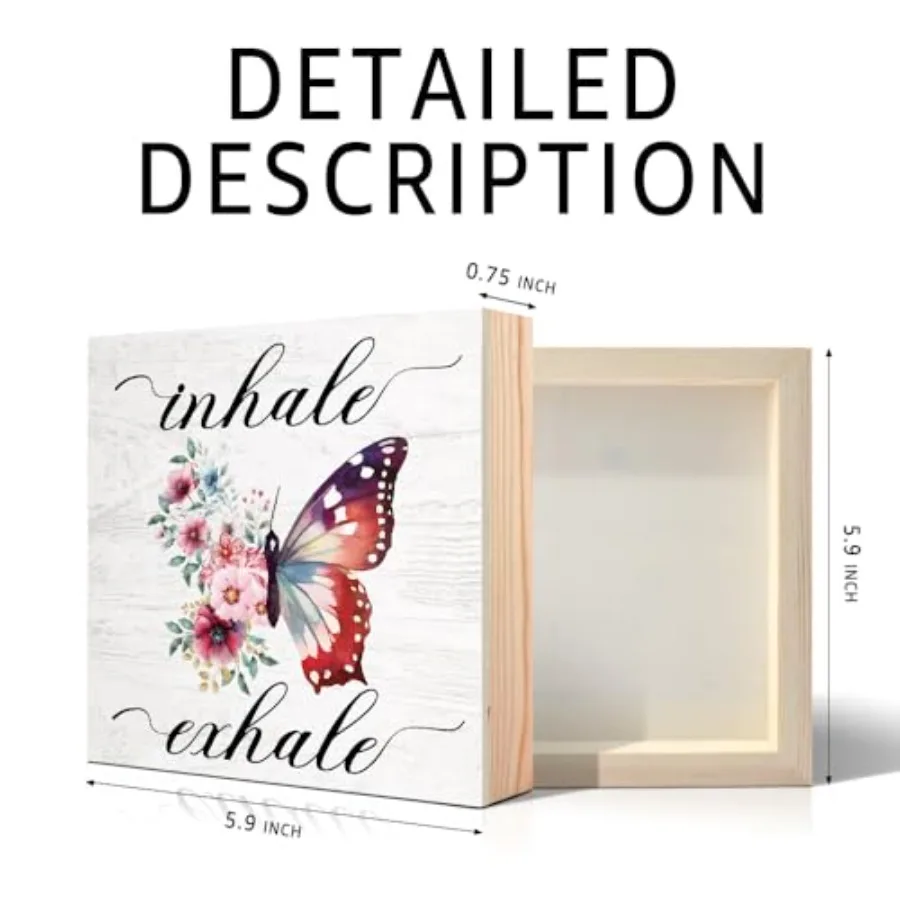 Inhale Exhale Wooden Sign Desk Decor, Funny Butterflies Wood Box Sign Décor for Home Office Bedroom, Yoga Spa Room Decor, Inspi