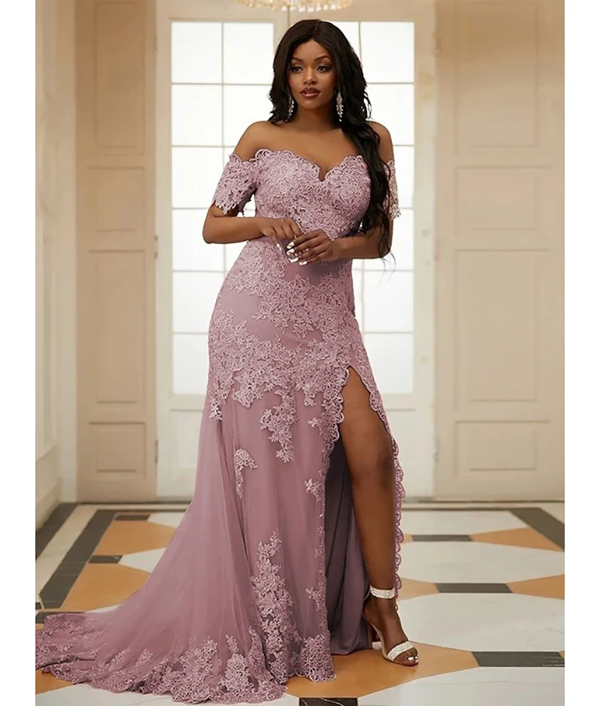 Personalizado temperamento organza sereia fora do ombro apliques vestido de noite sexy mangas curtas querida vestidos de festa