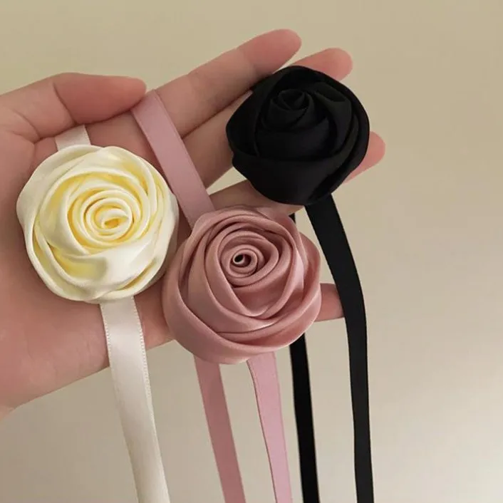 Gothic Satin Big Rose Flower Clavicle Necklace Fashion Korean Velvet Adjustable Rope Chain Choker Women's Neck Jewelry