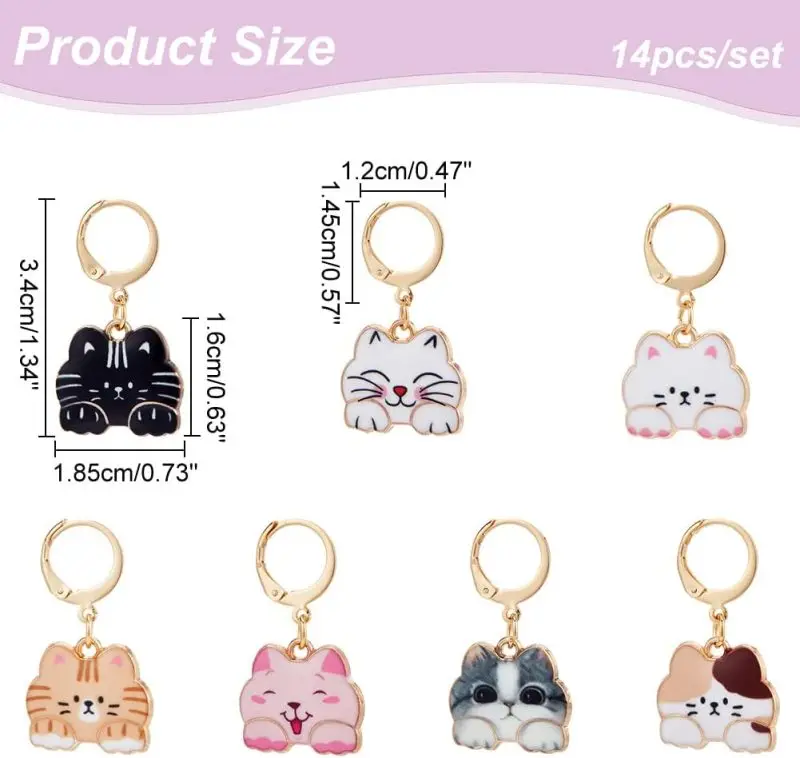 14 Pcs Cat Stitch Markers Alloy Enamel Crochet Stitch Marker Charms Locking Stitch Marker with 304 Stainless Steel Clasp