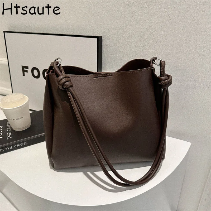 Handbag Vintage Solid Color Women Fashion Shoulder Sling Bag High-Capacity Simple Double Strap Bucket Crossbody Bag